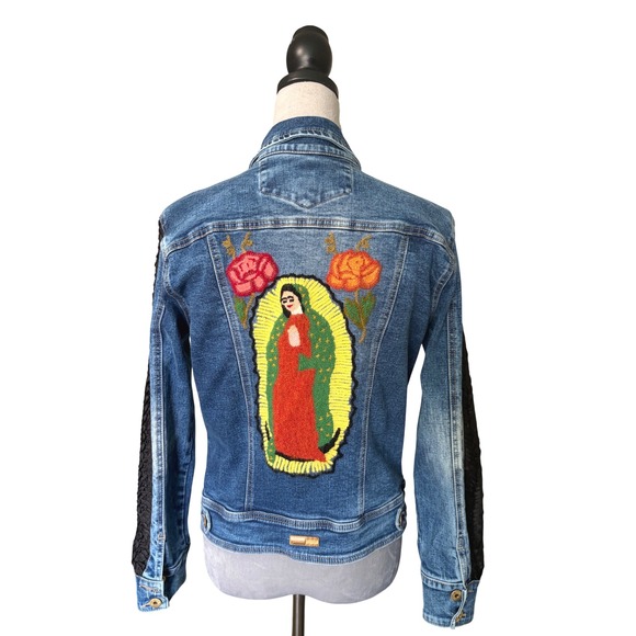 Zibella Jeans Jackets & Blazers - Zibella Jeans Embroidered Virgin Mary Denim Jacket Blue Lace Sleeve Women Medium